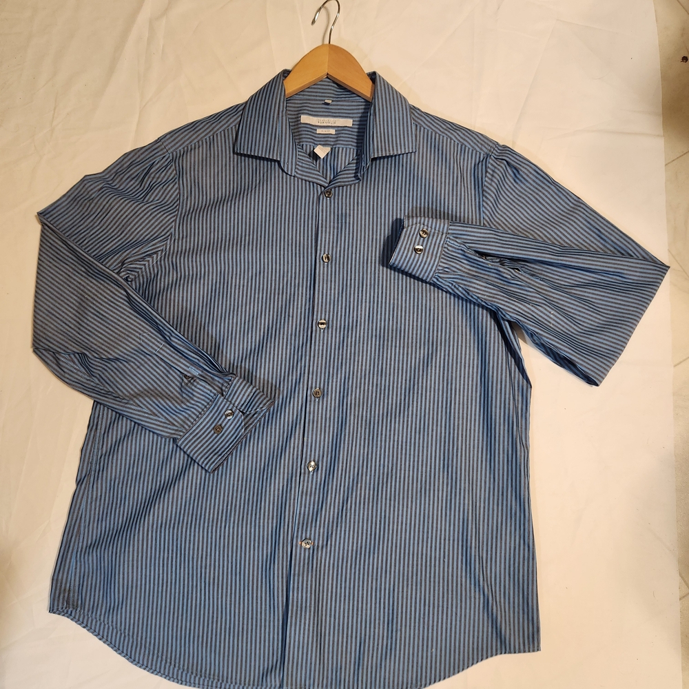 Perry Ellis Blue and  Brown Striped Button Down Shirt